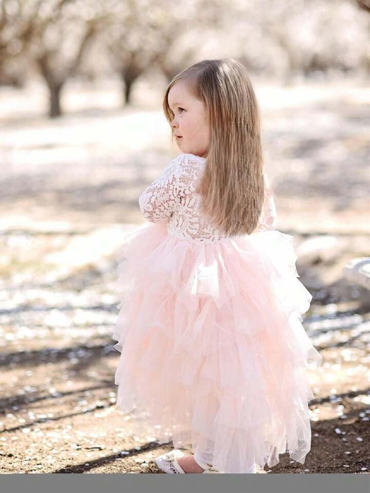 Young Girl Floral Lace Eyelash V-Back Long Sleeve Tiered Ruffled Tulle Tutu Flower Girl Maxi Dress | SHEIN