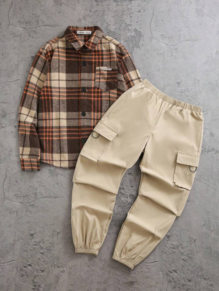 SHEIN 2pcs Tween Boy Set, Loose Plaid Lapel Shirt & Elastic Waist Cargo Pants | SHEIN
