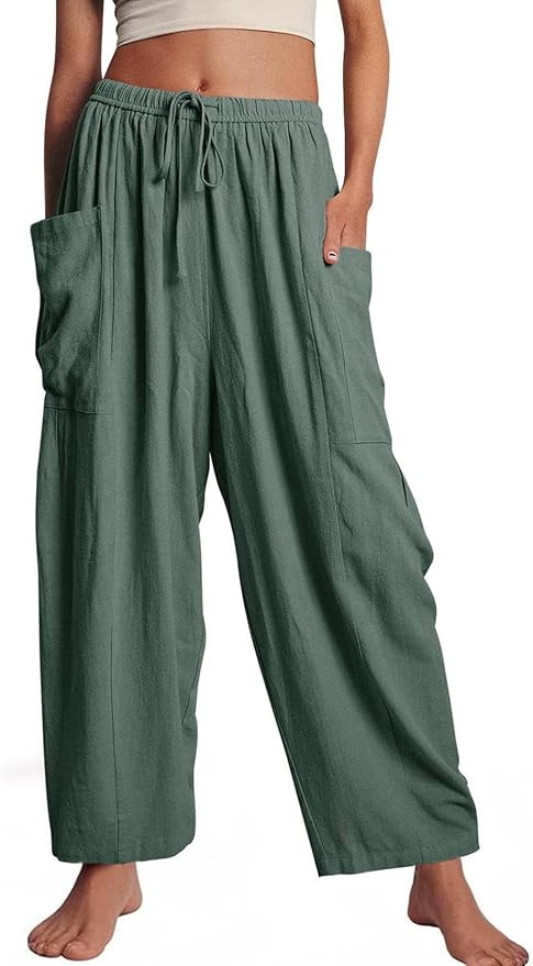 Kissonic Womens Wide Leg Pants Casual Loose Drawstring Flowy Summer Beach Palazzo Harem Pants wit... | Amazon (US)