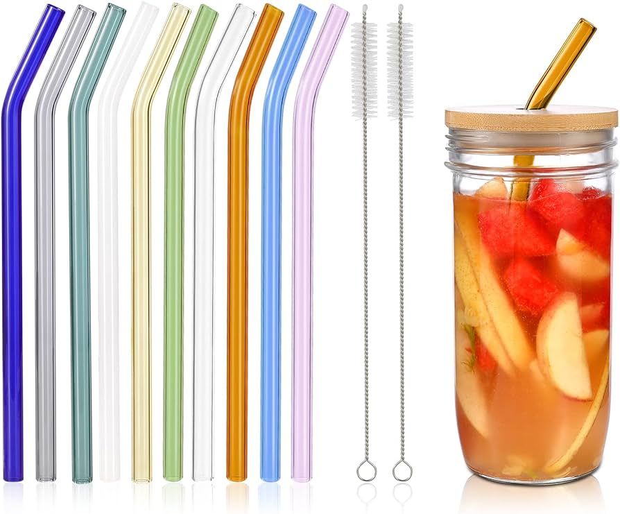RENYIH 10 Pcs Reusable Bent Glass Drinking Straws,9''x10 mm Colorful Glass Straws for Beverages, ... | Amazon (US)
