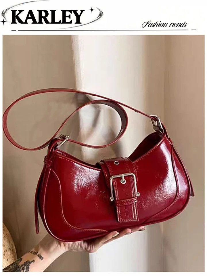 1pc Burgundy PU Leather Handbag, Fashionable Y2K Girly Biker Style Bag, Versatile Retro Small Cro... | SHEIN