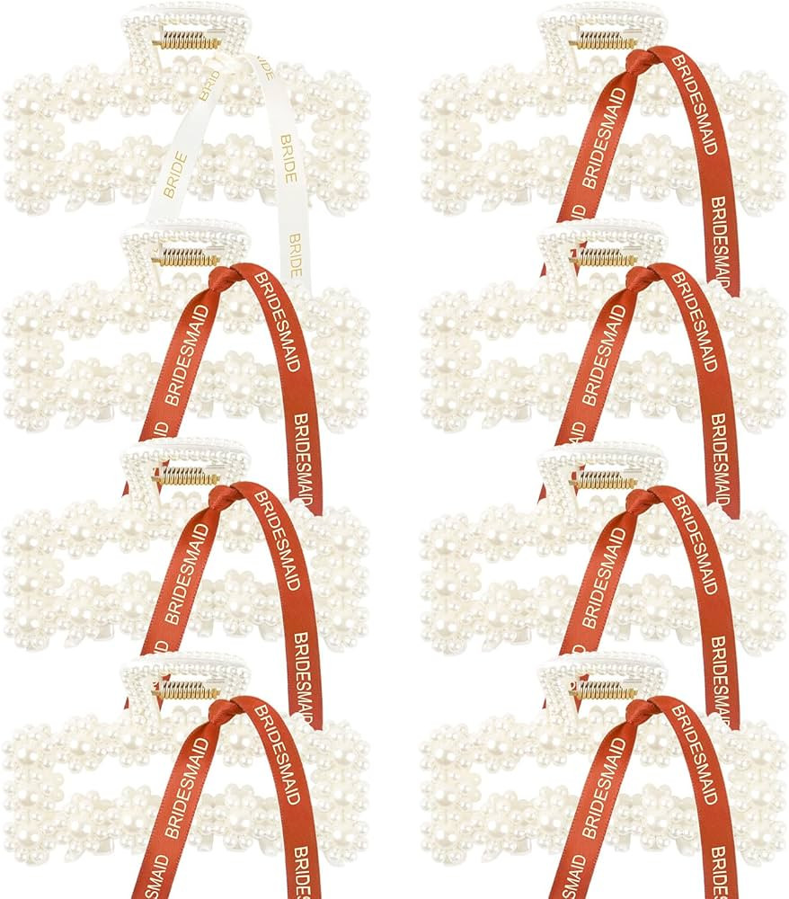 DEEKA Bridesmaid Gifts Set of 8 Bridesmaid Proposal Gift Pearl Bride Hair Clips with Ribbon Large... | Amazon (US)