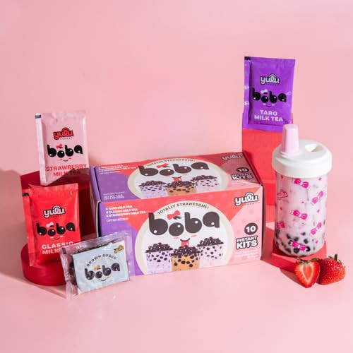 YULU FOODS Boba Tea Bundle – Reusable Leakproof Boba Cup (500ml) + 10-Serving Instant Bubble Tea Kit with Tapioca Pearls (Classic, Taro, Strawberry) – Ready in 1 Min, Includes Straws | Amazon (US)