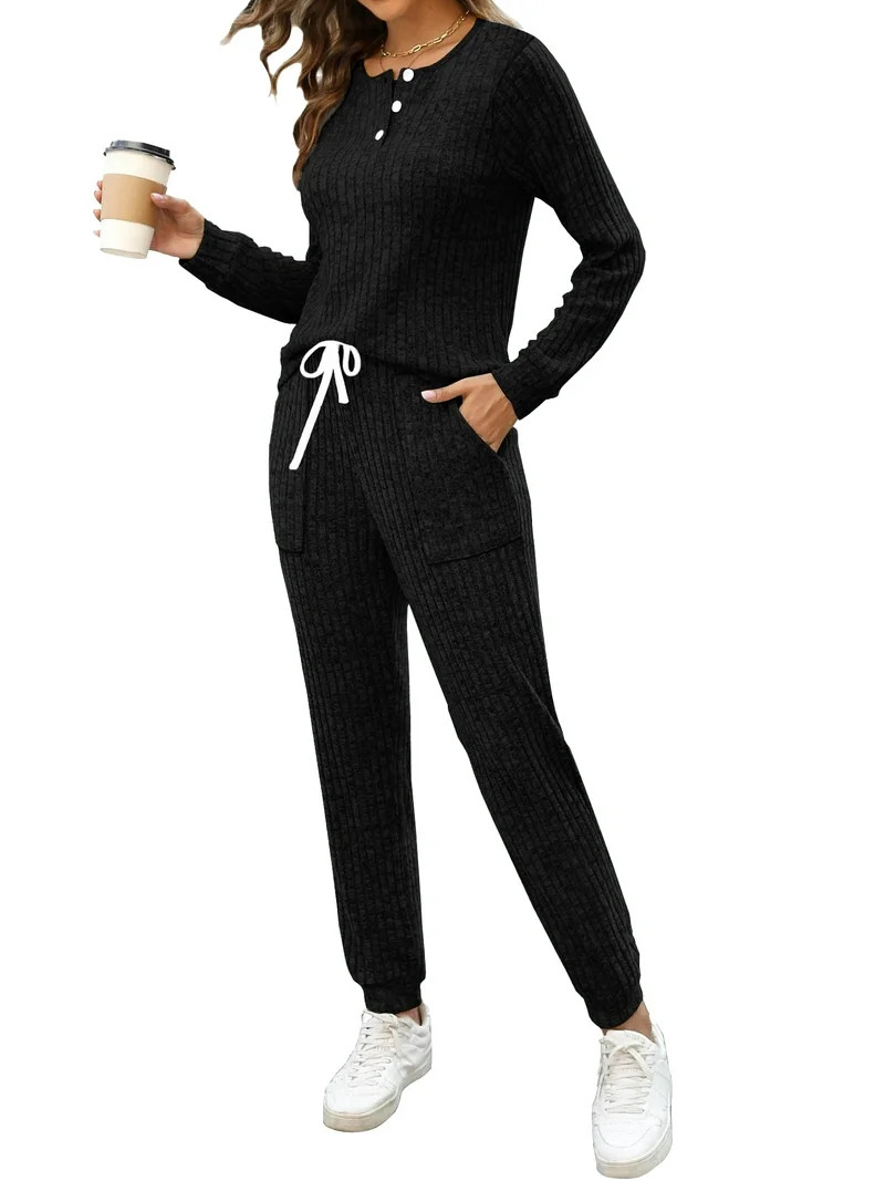 MOSHU Two Piece Womens Pajama Sets Button Down Shirts and Drawstring Pants with Pockets Solid Lou... | Walmart (US)