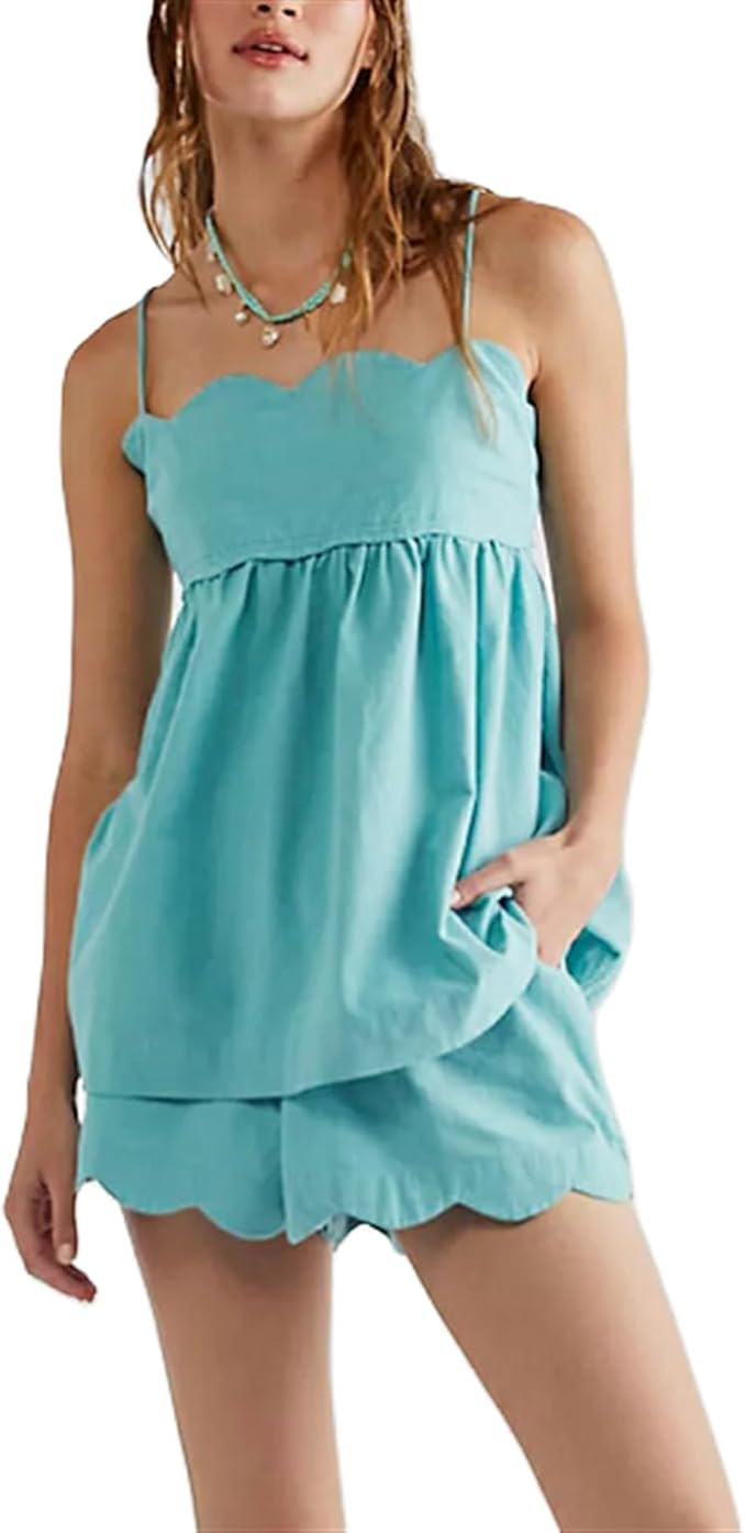 Women 2 Piece Casual Lounge Set Sleeveless Strappy Tie Back Cami Top Wide Leg Shorts 2Pcs Summer ... | Amazon (US)