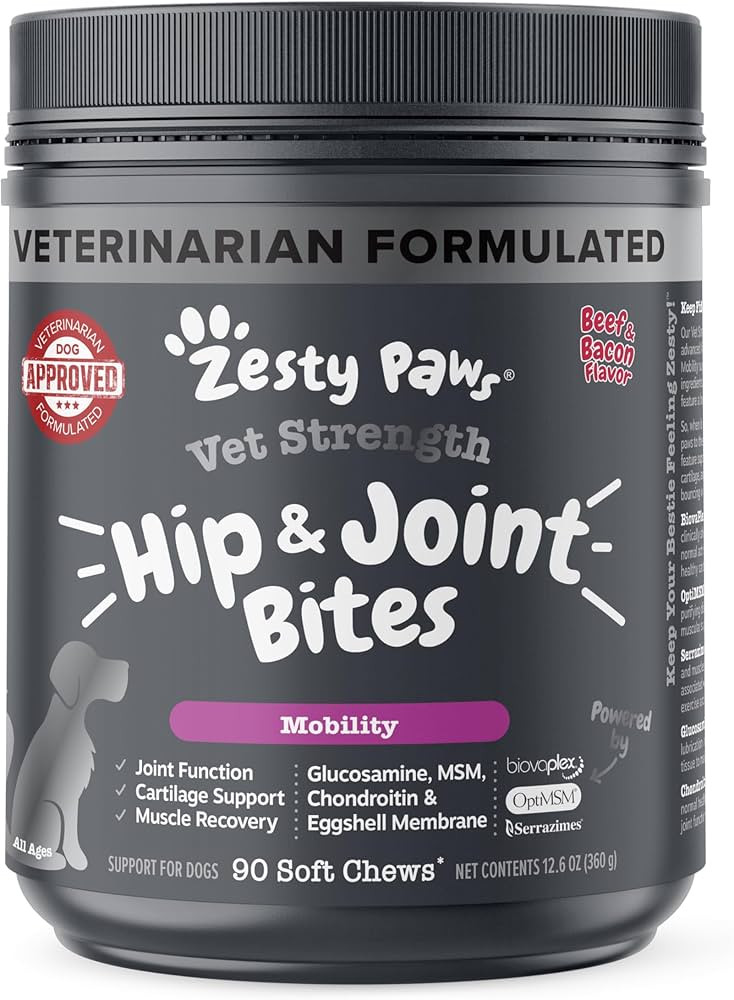 Zesty Paws Vet Strength Mobility Bites Beef & Bacon Flavor Hip & Joint Support Chews for Dogs with Glucosamine, Chondroitin, MSM, Hyaluronic Acid & Serrazimes - 90 Count | Amazon (US)