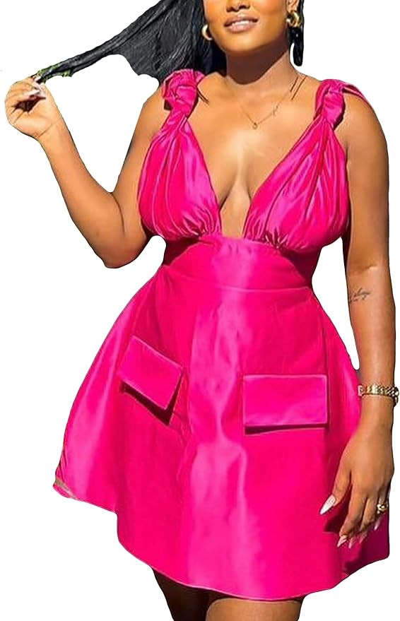 DINGANG Women's Summer Deep V-Neck Short Dress Halter Backless A Line Mini Dress Cocktail Dresses | Amazon (US)