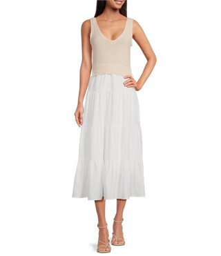 ELAN V-Neck Sleeveless Tiered Ruffled Hem Woven Knit A-Line Dress | Dillard's | Dillard's
