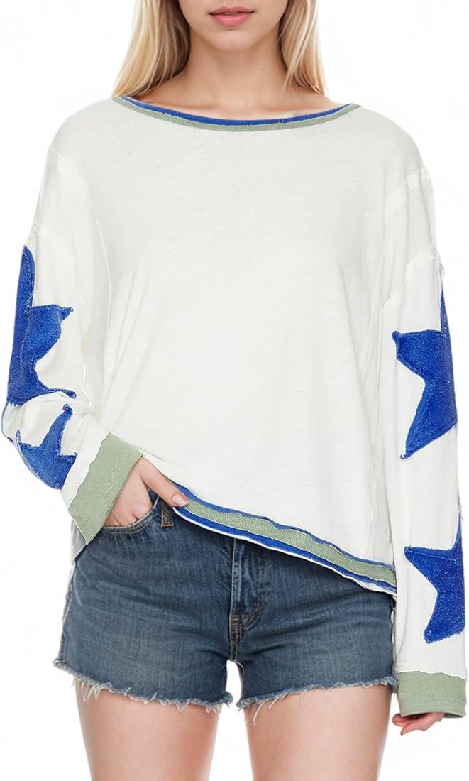 Women Cotton Oversized Shirts Lightweight Long Sleeve Crewneck Star Pullover Sweatshirt Hoodies 2... | Amazon (US)