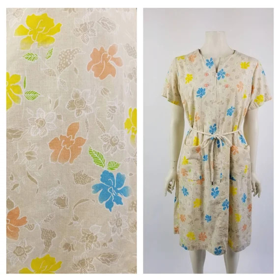 70s Cute Florals Partial Zip House Dress With Waist Tie Front - Etsy | Etsy (US)
