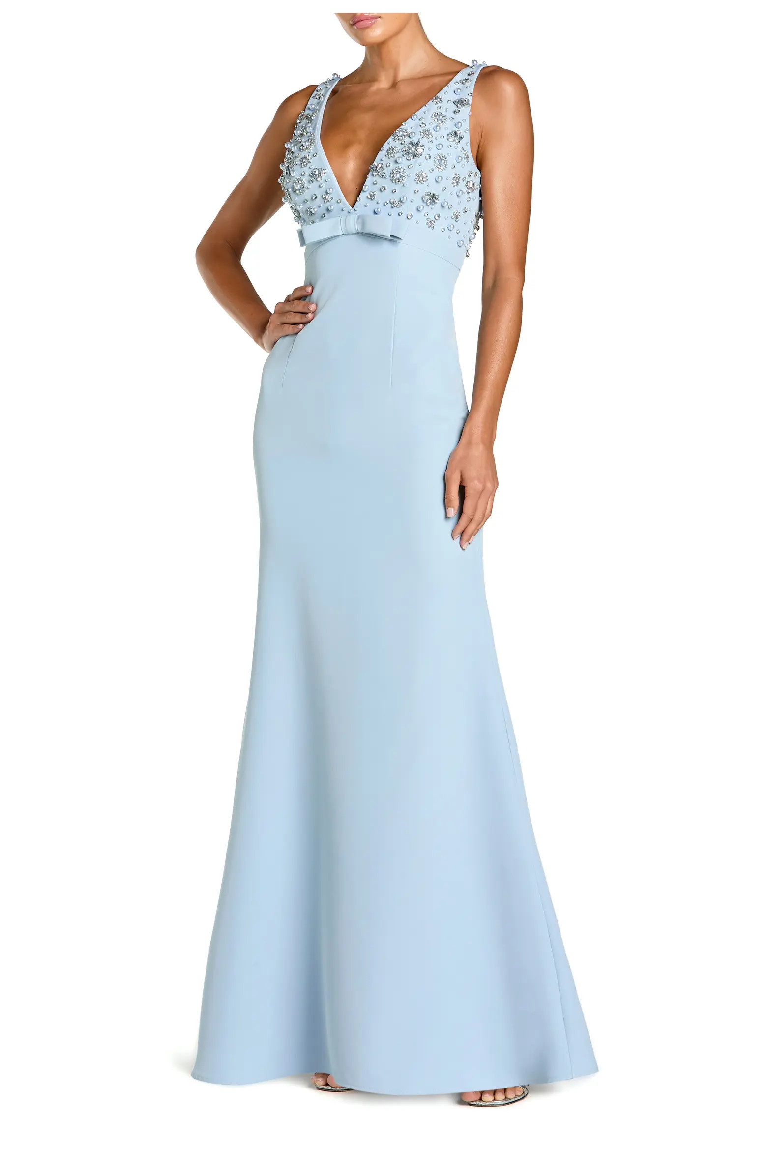 Women's Crepe Sleeveless Beaded V Neck Gown With Bow | Nordstrom