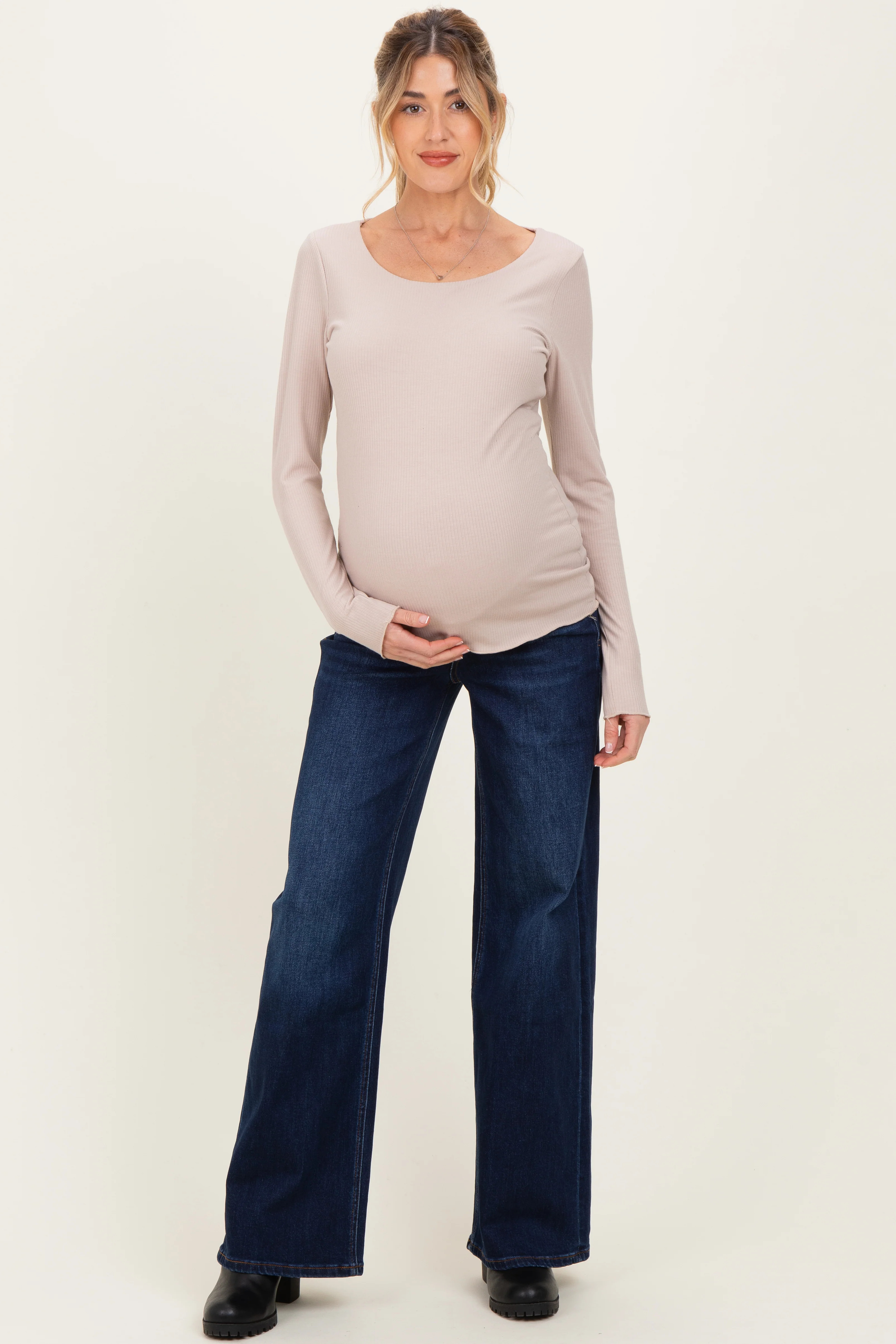 Navy Dark Wash Relaxed Wide Leg Maternity Jeans | PinkBlush Maternity
