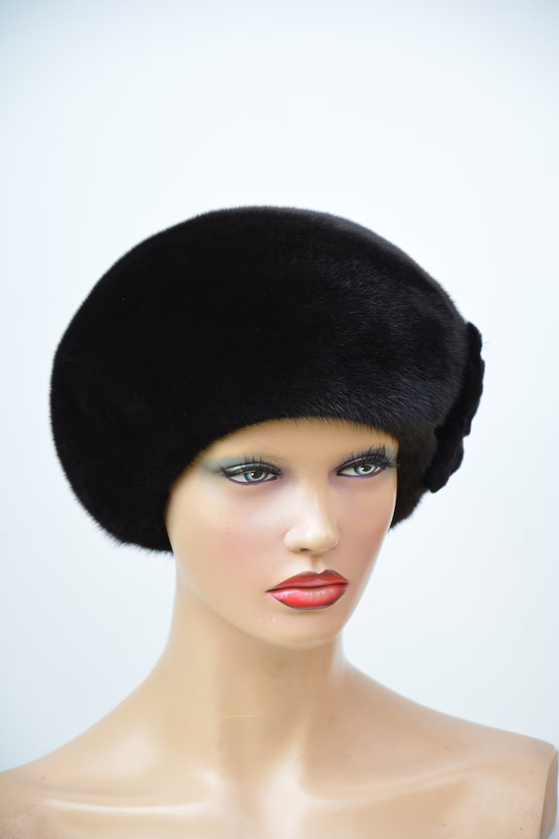 Black Fur Beret Womens Mink Hat Russian Fur Hat - Etsy UK | Etsy (US)