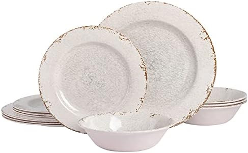 Gibson Home Mauna Round Heavyweight Melamine Dinnerware Set, Service for 4 (12pcs), Ice Rustic | Amazon (US)