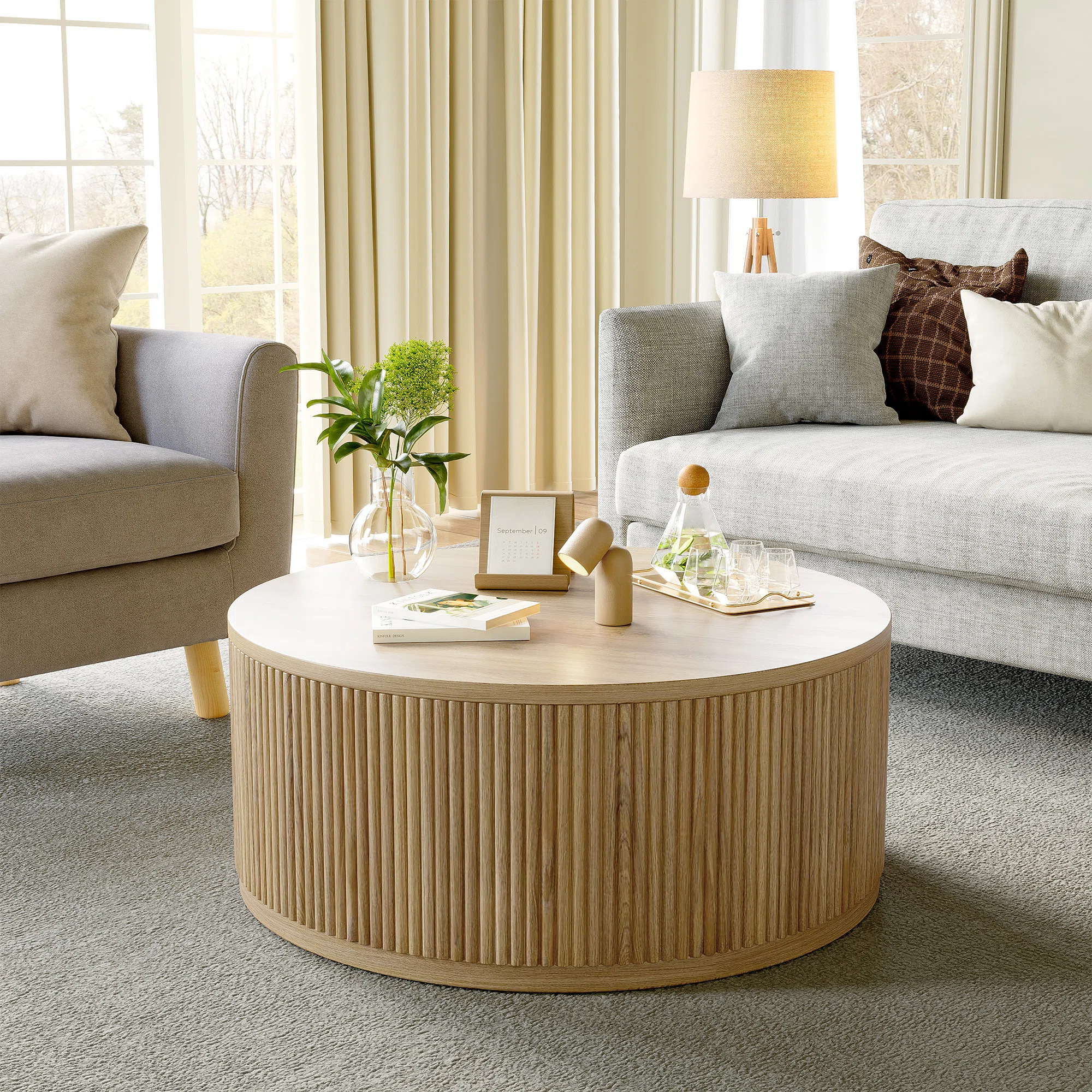 36" Round Fluted Coffee Table Solid Wood Drum Table with Fluted Design | Wayfair North America