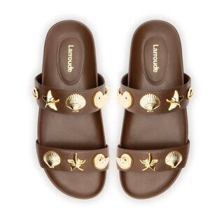 NEW LARROUDE Made In Brazil Leather Madison Slides Brown/gold for women   1367t | Poshmark