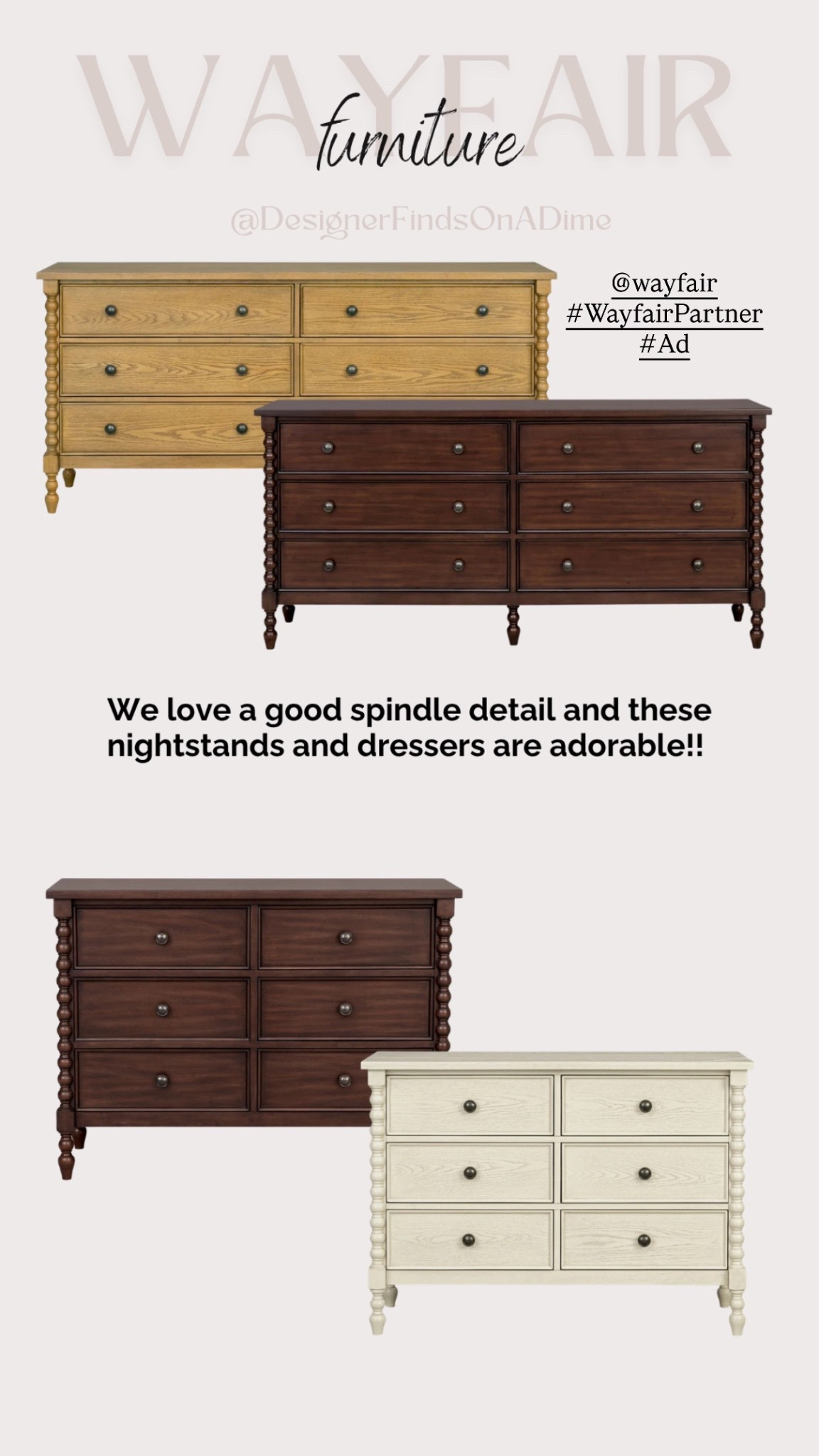 The spindle details are so adorable!!! Obsessed with how it comes down the sides of the dresser and nightstand to give that high end, designer feel! Find these and so much more at Wayfair! 

#Wayfair #WayfairPartner #Ad @Wayfair 