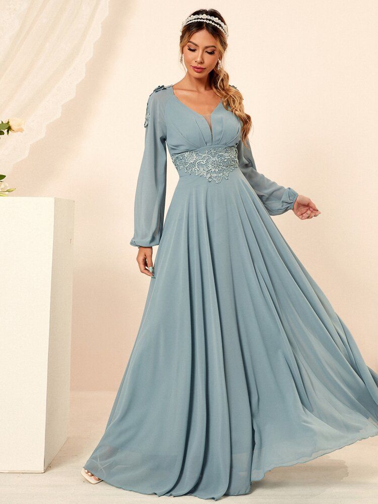 Lace Trimed Appliques Maxi A-line Dress | SHEIN