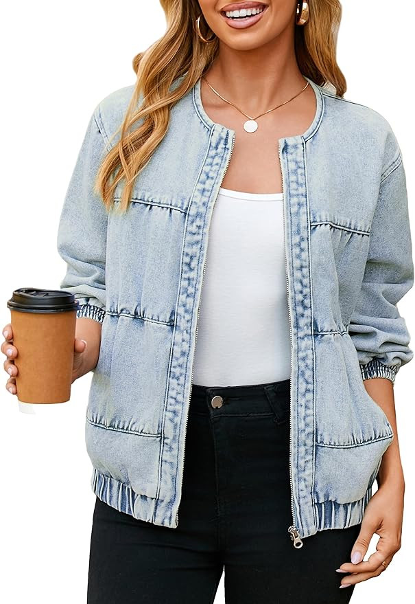 Glamaker Womens Denim Bomber Jacket Trendy Casual Zip Up Crew Neck Long Sleeve Loose Fit Jean Jac... | Amazon (US)
