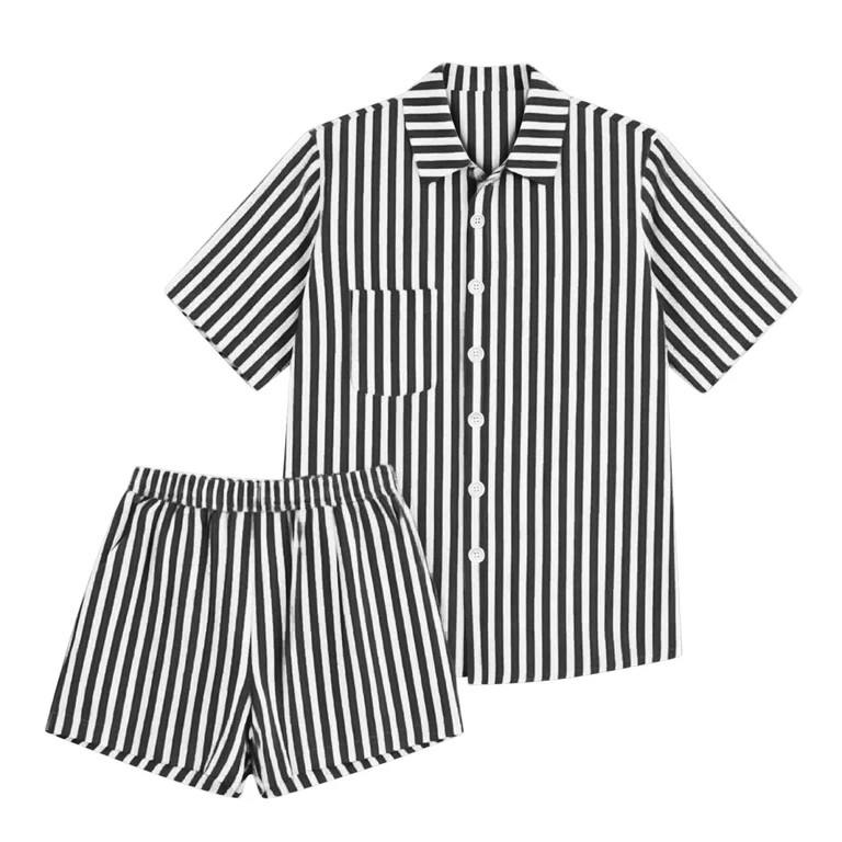 Ailaofu Womens Striped 2 Piece Outfit Button Down Shirt and Shorts Set Casual Summer Short Sleeve... | Walmart (US)
