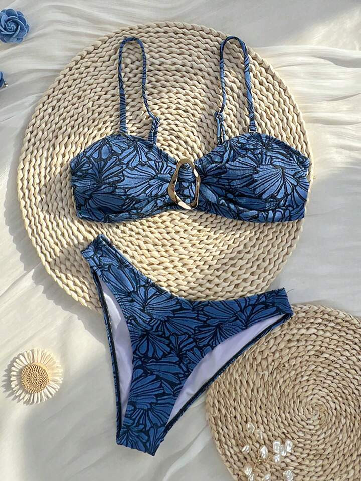 Swim Mod Summer 2pcs Women Textured Fabric Spaghetti Strap Metal Decoration Sexy Bikini | SHEIN