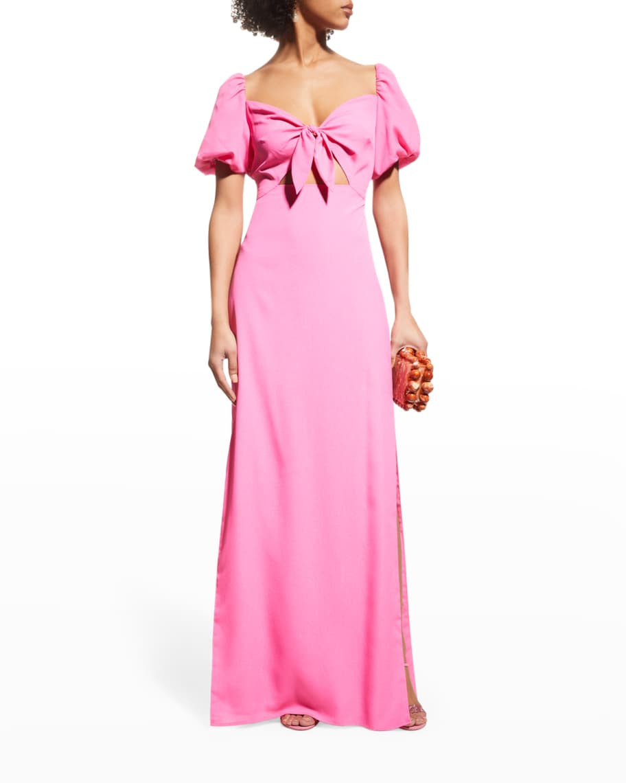 One33 Social Cutout Puff-Sleeve Gown w/ Self-Tie | Neiman Marcus