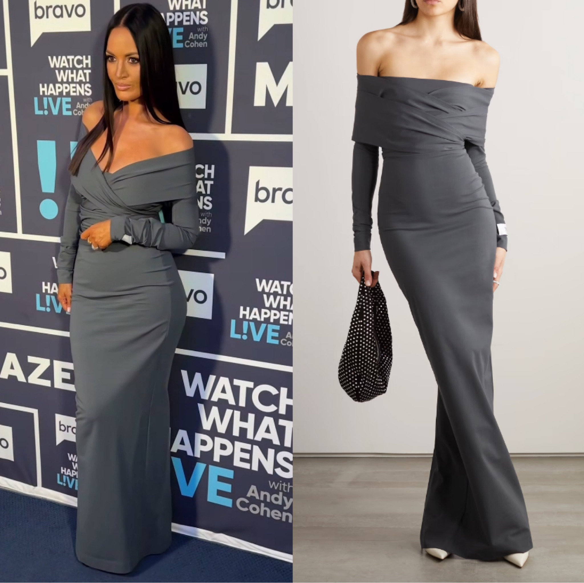 Lisa Barlow’s Grey Long Dress on Watch What Happens Live 📸= @bravowwhl 
