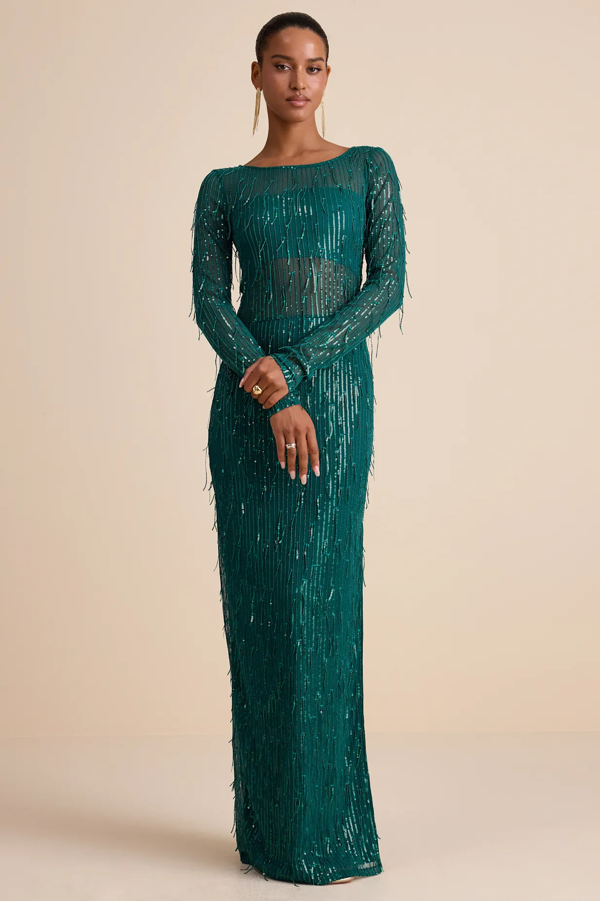 Sheer Fascination Emerald Sheer Mesh Sequin Fringe Maxi Dress | Lulus