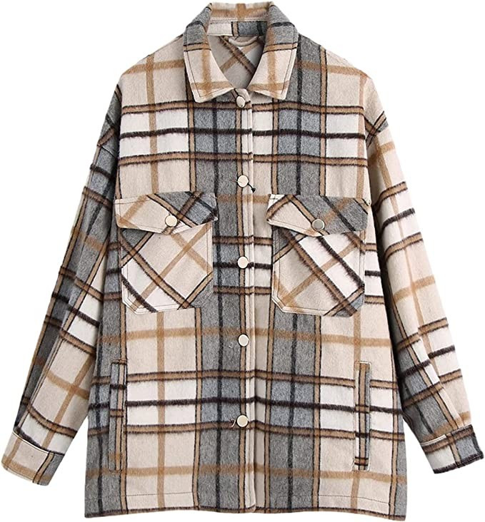 Women Check With Pockets Jacket Coat Vintage Long Sleeve Loose Female Outerwear Chic Overshirt | Amazon (US)