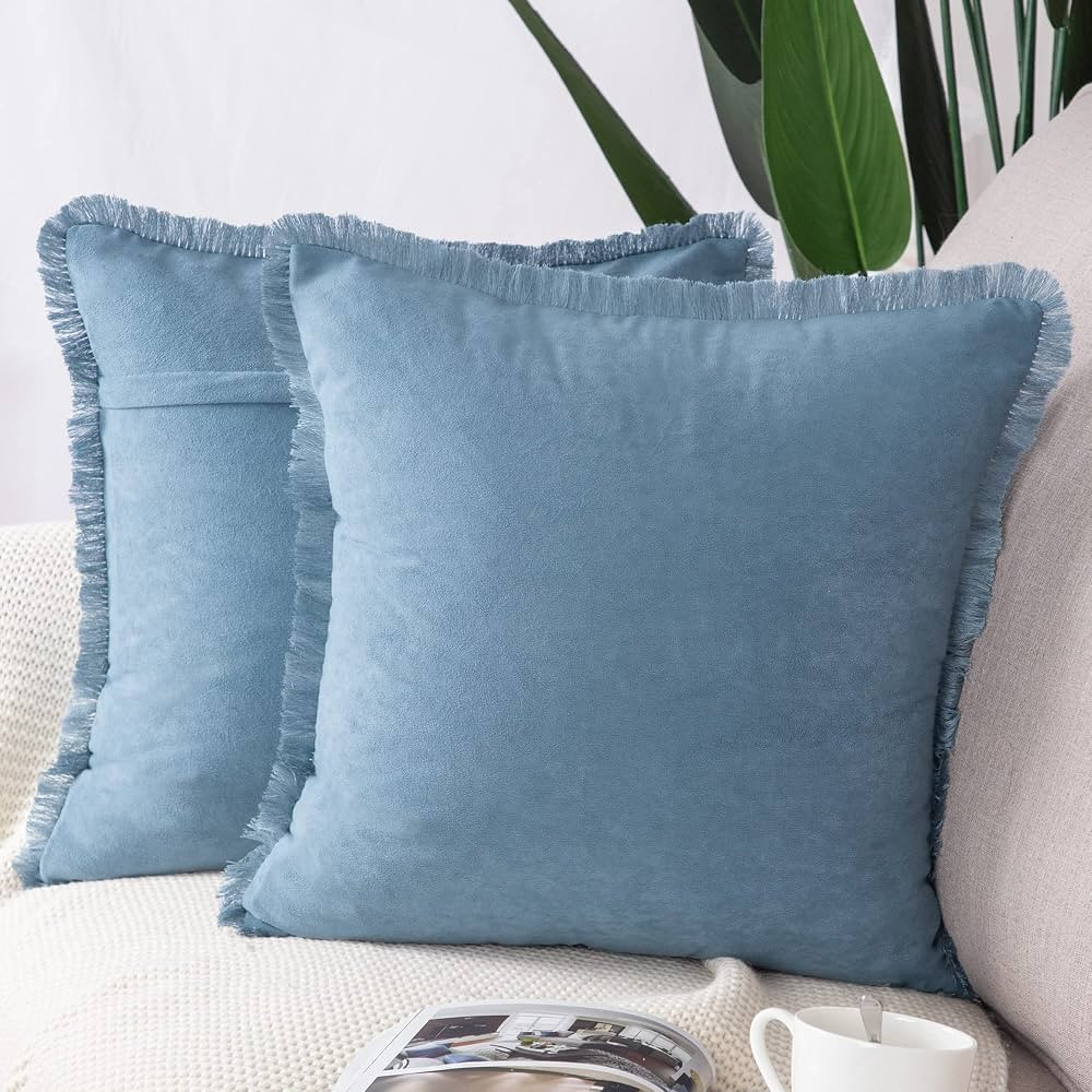 MADIZZ Set of 2 Suede Throw Pillow Covers with Fringe Tassels 24x24 Inch Light Blue Soft Decorati... | Amazon (US)