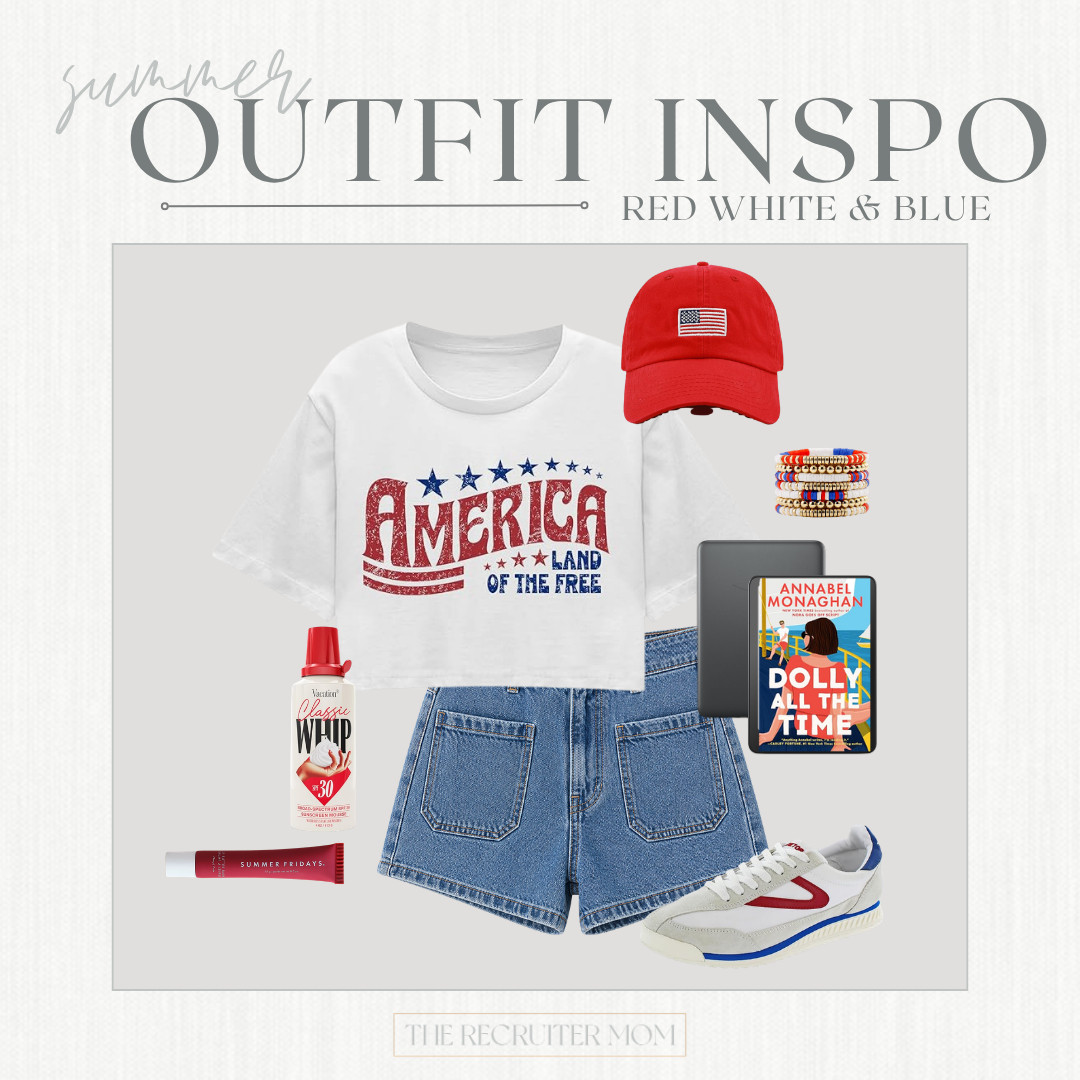 Retro-inspired red, white, and blue outfit with denim shorts, graphic tee, and sporty sneakers for all your summer holiday plans 🇺🇸 

 #LTKsummer #LTKholiday

#LTKSeasonal #LTKOver40 #LTKMidsize