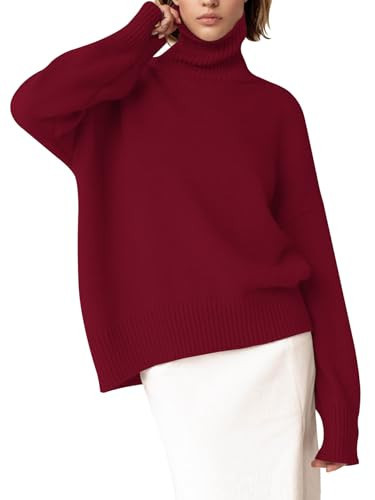 YKR Women's Turtleneck Sweater Chunky Long Sleeve Knitted Pullover High Low Hem Sweater Jumper Top WineRed XL | Amazon (US)