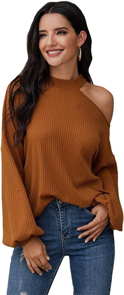 Romwe Women's Waffle Knit Tunic Tops Cold Shoulder Long Sleeve Loose Blouse Shirts Brown L at Ama... | Amazon (US)