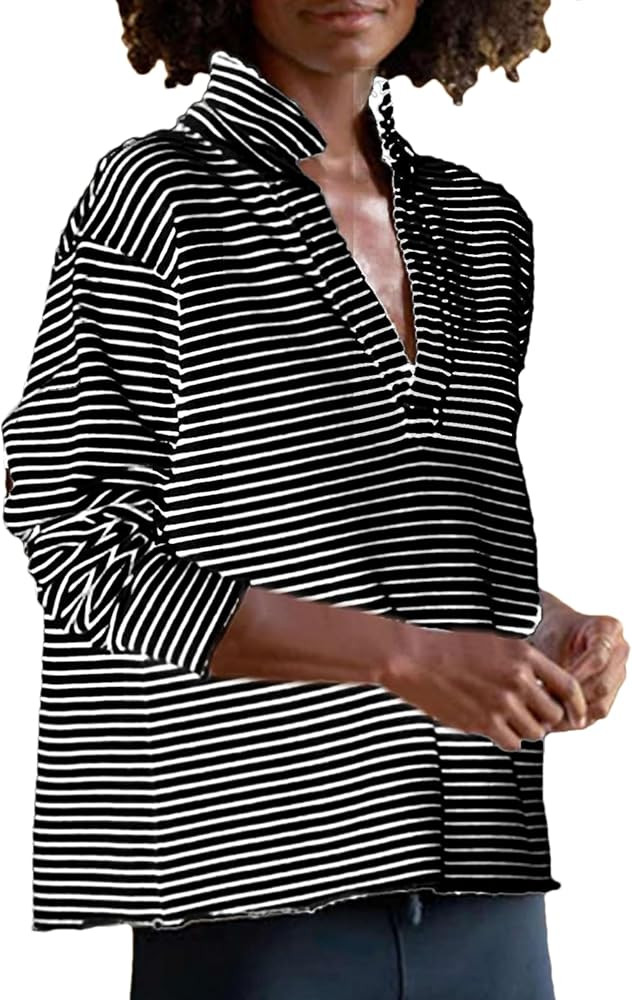 Zontroldy Women's Casual V Neck Pullover Sweatshirt Long Sleeve Solid Color/Stripe Polo Collared ... | Amazon (US)