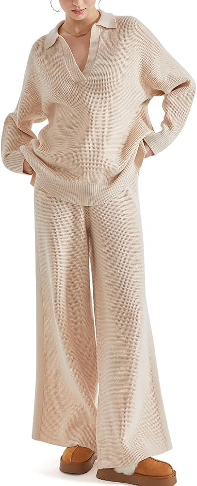 SUUKSESS Women 2 piece Fall outfits Matching Lounge Set Waffle Knit Sweater sets | Amazon (US)