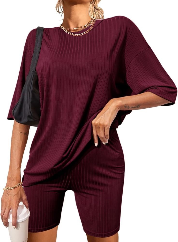 Ekouaer Pajamas 2 Piece Lounge Sets Ribbed Knit Matching Outfits T-shirt Biker Shorts Sleepwear Loun | Amazon (US)