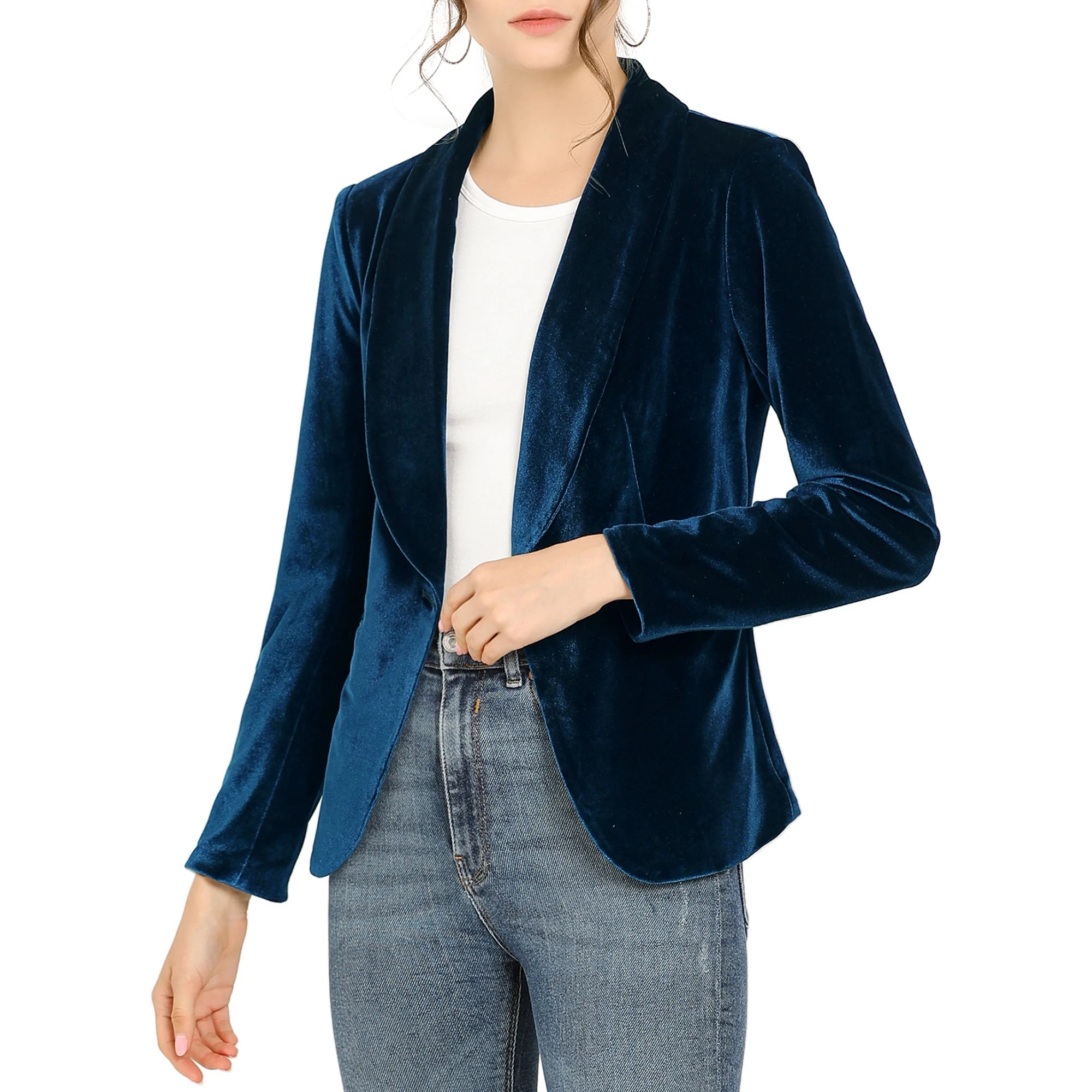 INSPIRE CHIC Women's Velvet Blazer Shawl Collar Solid Office Suit Jacket XS Deep Blue | Walmart (US)