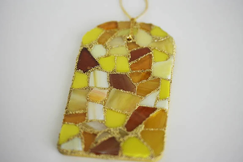 Yellow Mosaic Ornament Rectangle Tag Stained Glass Iridized Amber Gold Christmas Home Holiday Dec... | Etsy (US)
