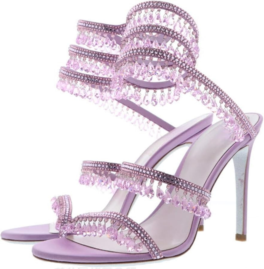 Rhinestone Wrap Around Strappy Stiletto High Heels for Women, Open Round Toe Lace Up Heeled Sanda... | Amazon (US)