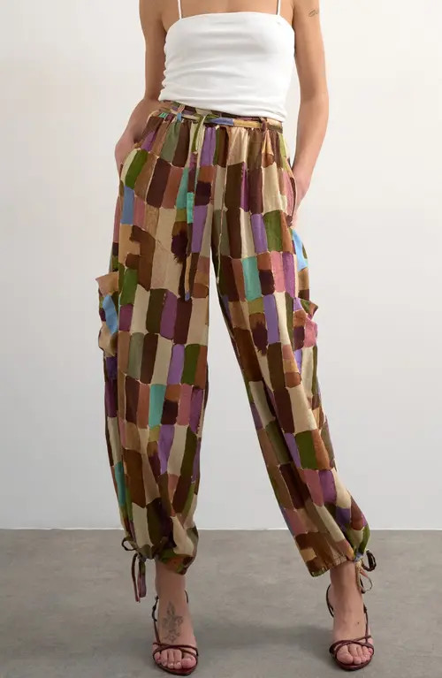 Topshop Abstract Print Linen Blend Cargo Pants in Brown at Nordstrom, Size 4 | Nordstrom