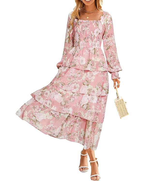 Simplee Womens Long Sleeve Floral Wedding Guest Dress Flowy Tiered Smocked Square Neck Fall Boho ... | Amazon (US)