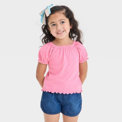 Toddler Girls' Solid Knit T-Shirt - Cat & Jack™ Pink 12M: Puff Sleeve, Squareneck, Jersey Fabric | Target