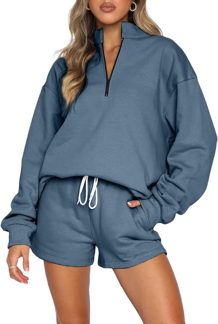 Aleumdr Women 2 Piece Outfits Sweatsuit Half Zip Long Sleeve Sweatshirt Lounge Shorts Tracksuit S... | Amazon (US)