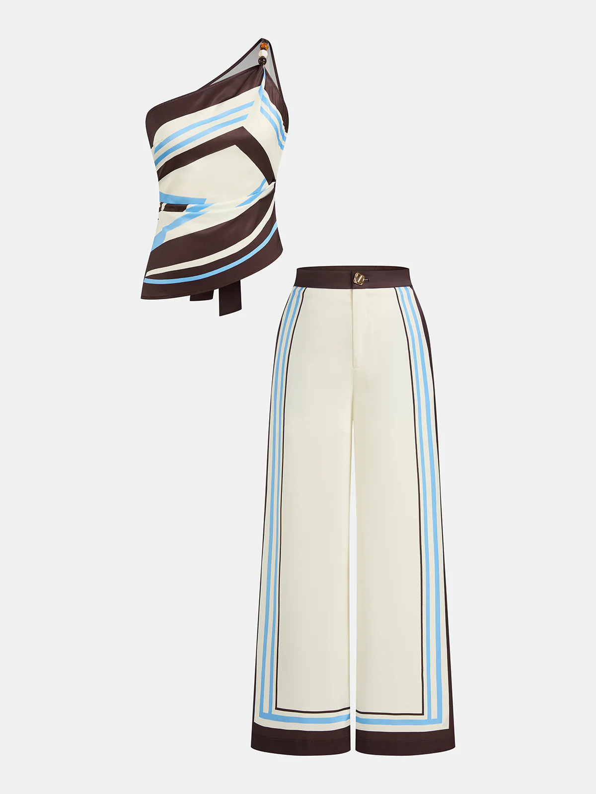 Printed One Shoulder Satin Top & Pants Set | Commense