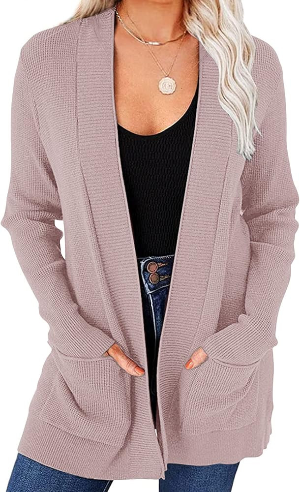 PIIRESO Women's Long Sleeve Waffle Knit Cardigan Open Front Casual Fall Sweaters with Pockets | Amazon (US)