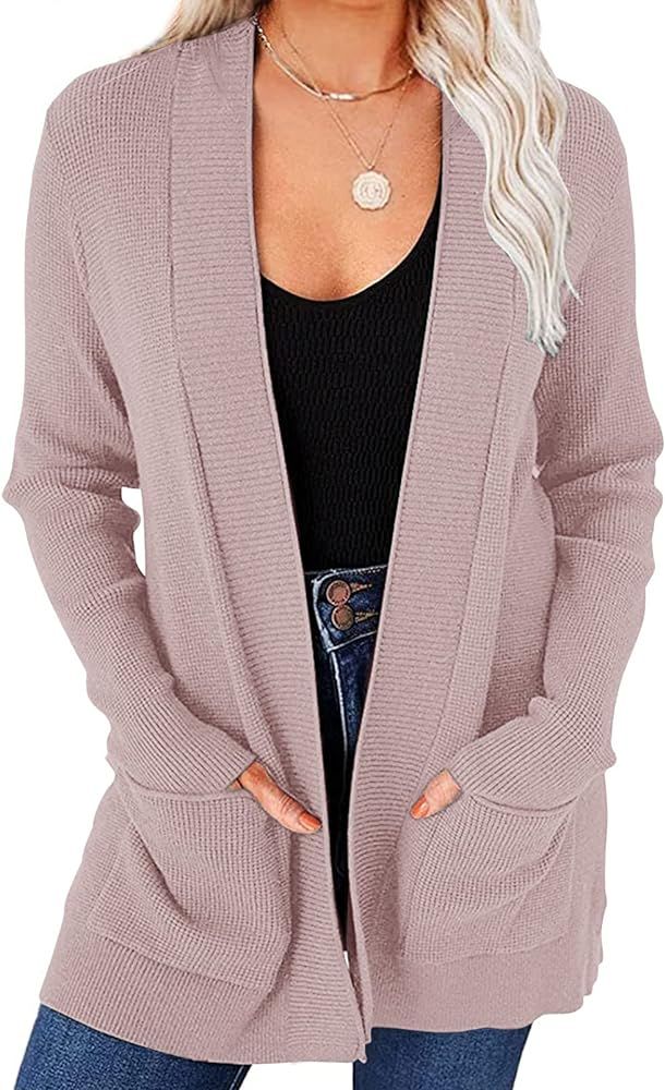 PIIRESO Women's Long Sleeve Waffle Knit Cardigan Open Front Casual Fall Sweaters with Pockets | Amazon (US)