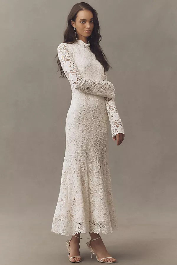 BHLDN Long-Sleeve Mock-Neck Stretch Lace Maxi Dress | Anthropologie (US)