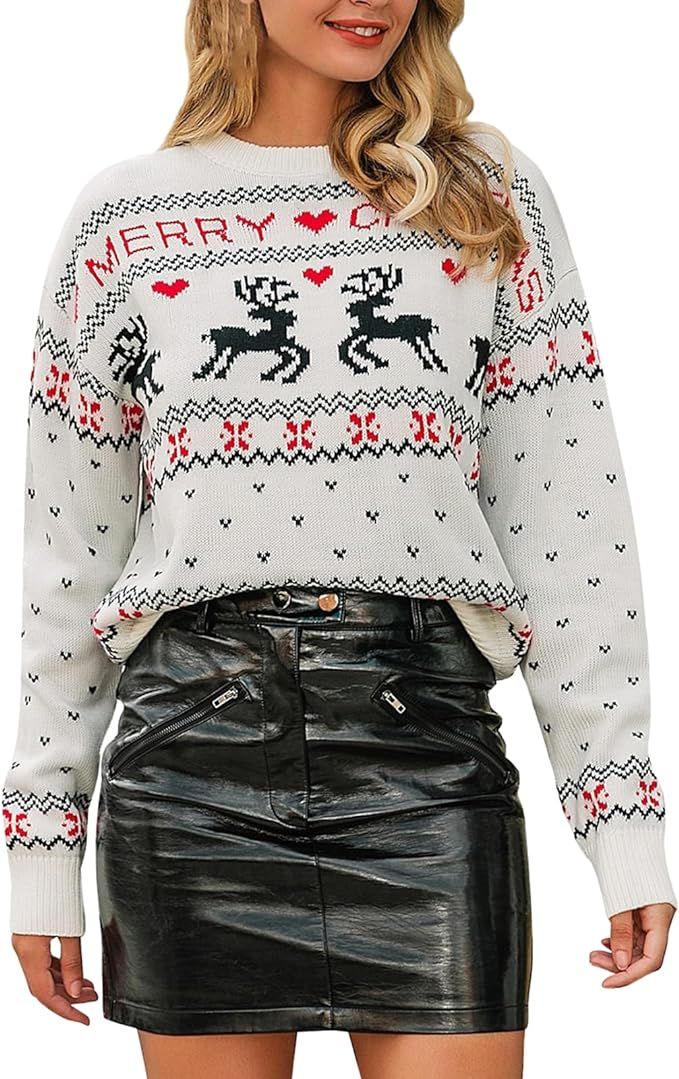 Women's Ugly Funny Christmas Sweaters Long Sleeve Knit Pullover Sweater Cute Reindeer Tree Snowfl... | Amazon (US)