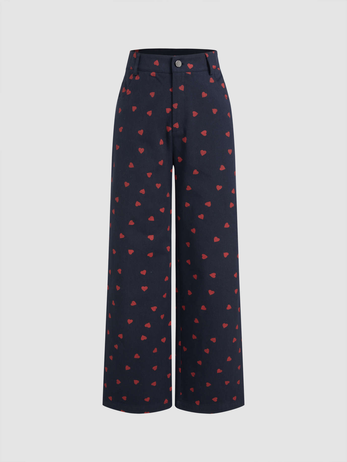 100% Cotton High Rise Heart Graphic Button Straight Leg Trousers | Cider