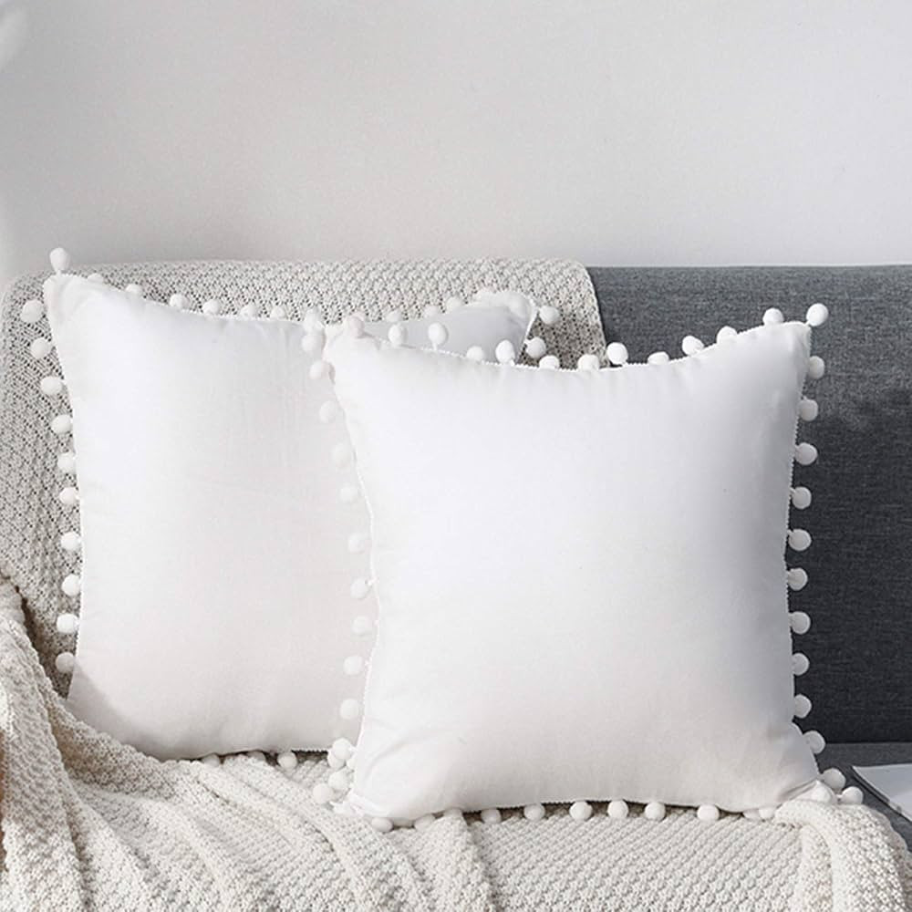 CAWANFLY Set of 2 Decorative Throw Pillow Covers with Cute Pom Pom, Square Soft Cushion Case Home... | Amazon (US)